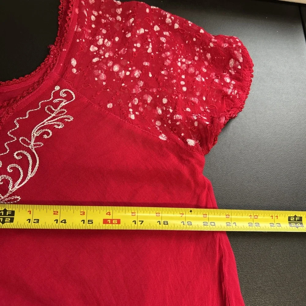 Women's Free Size Red White Dress Embroidered Sheer Tie Dye Boho‎ Fairy Beachy